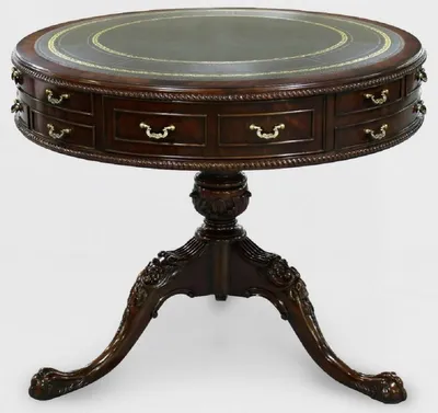 Produktbild von Casa Padrino Luxus Barock Beistelltisch Braun / Grün / Gold Ø 91 x H. 76 cm - Runder Mahagoni Tisch mit 14 Schubladen und Echtleder - Barock Mahagoni Möbel