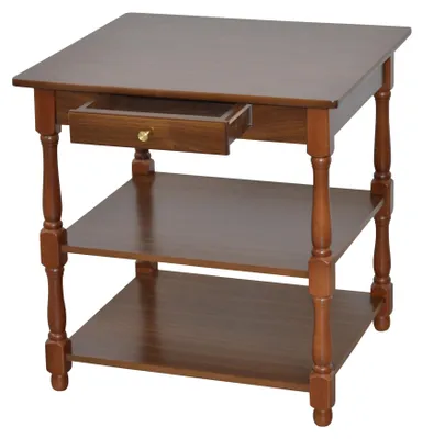 A wooden side table with a drawer and two shelves, shown against a white background.