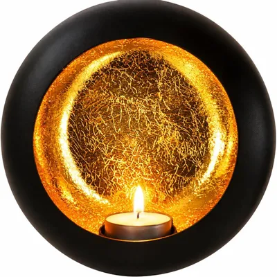 Productafbeelding van Theelichthouder - Windlicht - Metaal - Zwart en goud - Ø 17 x 10 cm