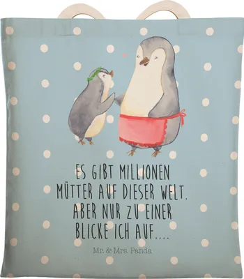 Produktbild von Mr. & Mrs. Panda Tote Bag Pinguin mit Kind - Blau Pastell - Geschenk, Beuteltasche, Mom, Vorbild Mama, Tasche, Muttertag, Shoppingbag, Beutel, Einkaufstasche, Mutti