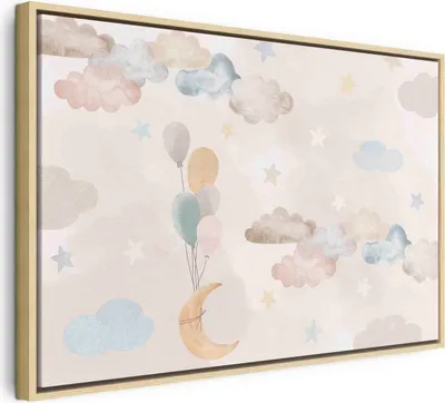 Produktbild von Italienischer Leinwand Leinwandbild - Fairy-Tale Moon - Pastel Moon with Balloons Among Colorful Clouds and Stars in Subdued Colors on a Light Background 60x40 cm Für Kinder e-C-10059-b-a