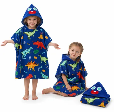 Immagine prodotto di Poncho mare con cappuccio per bambini - Dinosauro Blu, 150 cm, productTiles.product.images.aiGenerated