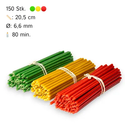 Produktbild von 150 Stk Mehrfarbiger Set von Bienenwachskerzen 3 Farben N60 20,5 cm: gelb, grün,rot