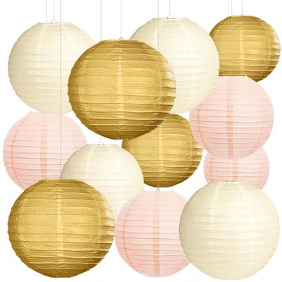 Papierlampions 12er-Set gold-ivory für Hochzeit & Feier