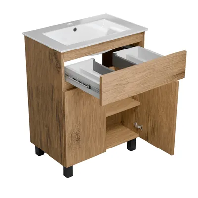 A bathroom vanity with a sink and open drawers and doors, shown against a white background.