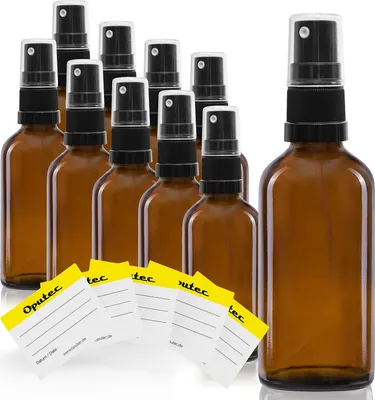 Produktbild von Oputec 10 x 30ml Braunglas-Sprühflaschen mit Zerstäuber + 10 Beschriftungs-Etiketten - Glasflaschen mit feinem Sprühkopf
