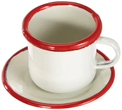 2er-Set Becher mit Untertasse, emailliert, weiß/rot, 8,5x8,5x7 cm