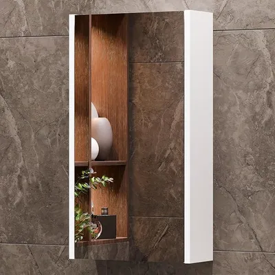 Productafbeelding van Spiegelschaaf voor de badkamer, 40 cm breed, badkamermeubel, opbergkast met deur en 2 glazen planken, 39,6 x 67,7 x 13,8 cm, mat wit