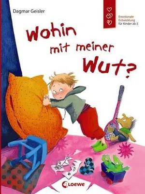 A child is shown aggressively hugging a large orange pillow, surrounded by toys and a small blue chair. The scene depicts a child's room with elements suggesting frustration or anger.