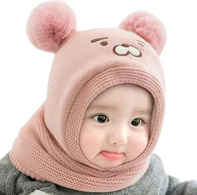 Produktbild von Warme Wintermütze für Babys, Fleece-Decke mit Pompons, gebreidene Schal-Mütze