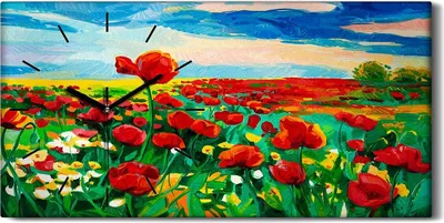 Produktbild von Wanduhr Uhr Wandbild Leinwand 60x30 Bild Natur Landschaft Mohn Blume wiese - schwarze Hände