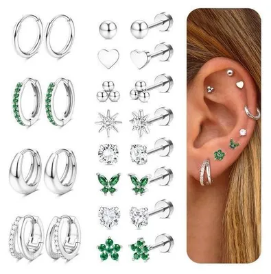 Immagine prodotto di Set di 12 paia di orecchini da donna e da uomo, in acciaio inossidabile 316L, adatti per piercing, inclusi lobo, elice e tragus. Pietre in cubic zirconia verde e argento