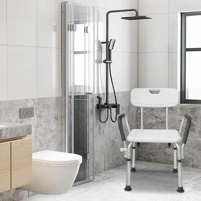 Produktbild von ACXIN Medical Duschhocker mit Rückenlehne und Armlehne, Duschstuhl Duschhilfe Duschsitz aus Aluminium & HDPE, 6-Stufig Höhenverstellbar 37-50cm
