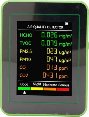 Obrázek produktu pro Tester vnitřního ovzduší, CO2 TVOC HCHO PM2,5 PM10 Přesný detektor kvality ovzduší pro domácí použití (bílozelený)