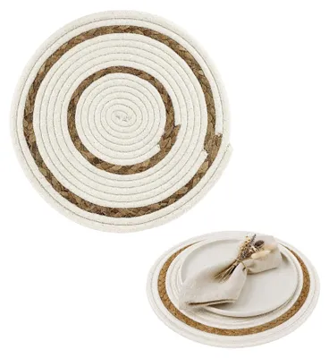Produktbild von Rundes Tischset Boho geflochten 30cm, Platzset aus Seegras & Baumwolle, dekorative Unterlage für Teller & Esstisch Schutz 2 Stück