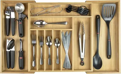 Produktbild von PolkaHome® Besteckkasten und Organizer für Küchenschubladen, ausziehbar bis 71 cm Breite, 10 Fächer, 100% Bambus