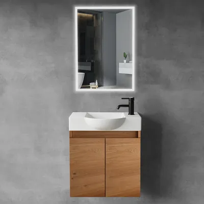 Produktbild von Alpenberger Waschbecken mit Unterschrank 55cm + LED Spiegel 45x70 Gäste-WC, Keramik-Set mit LED Spiegel, Touch on/off, energieeffizient