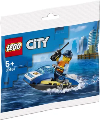 A Lego City police watercraft promo bag with a minifigure on a jet ski.
