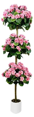 Immagine prodotto di Geranio artificiale - Pianta da interno con 3 fiori a forma di sfera - Fiori artificiali in poliestere - Vaso rotondo bianco - Decorazione per la casa, matrimoni e feste - Rosa