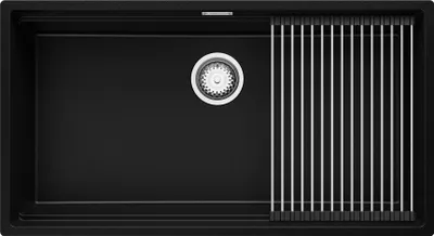 Produktbild von PRIMAGRAN Spülbecken Schwarz 86x47cm, Granitspüle 1 Becken + Ablauf-Set + Aufrollbare Abtropffläche, Küchenspüle ab 90er Unterschrank - Praga Slim