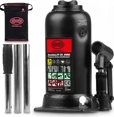 Produktbild von HEYNER® Hydraulischer Unterstellheber 2-stufig I DoubleLift 5t PRO I Stempelwagenheber aus Stahl I Hubhöhe 225–500 mm I Autoheber für SUV Transporter Wohnmobil I inkl. Tasche & Gummigriff