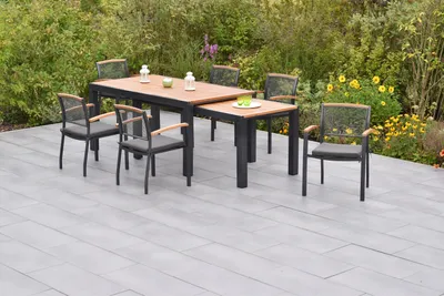 Produktbild von Merxx Gartenmöbel Set Tilos 13tlg., 6 Stapelsessel inkl. Kissen, Flex Ausziehtisch 180 (180) x 100 (83) x 80 (74) cm- Aluminium/Akazie