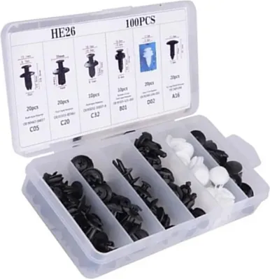 Immagine prodotto di set di 100 clip di fissaggio per carrozzeria, misure multiple, nylon, rivetti universali a pressione per auto