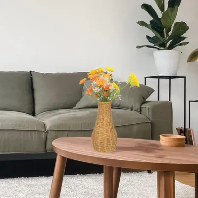 Produktbild von Vintage hohe Weidenvase für Trockenblumen - dekorative Tischvase mit Rattan - Blumenarrangement für Wohnzimmer - L