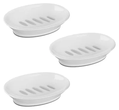 Image de Lot de 3 porte-savons avec égouttoir, blanc, en plastique PP, 15,5 x 11,4 cm