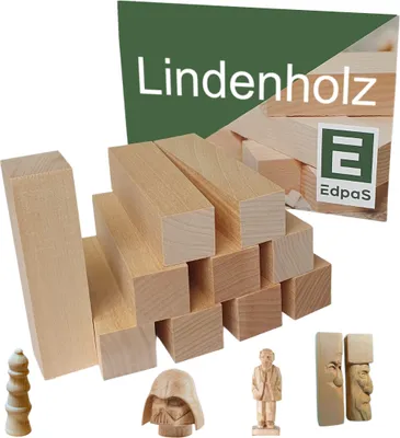 Produktbild von Edpas Schnitzholz Linde - 10er Pack Holzblock + Schnitzvorlage weiches Lindenholz zum Schnitzen, drechseln und basteln