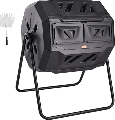 Zdjęcie produktu dla VEVOR Kompostownik bębnowy Kompostownik bębnowy 162,7 l, kompostownik bębnowy Obrotowy kompostownik bębnowy dwupomieszczeniowy 735 x 625 x 955 mm, 50 kg ładowalny ogrodowy pojemnik na kompost z rękawicami