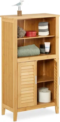 Immagine prodotto di Mobiletto da bagno LAMELL in bambù - 92 x 50 x 25 cm - Mobiletto da bagno con ante a lamelle - Colore naturale