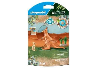 The image shows the packaging for a Playmobil Wiltopia Kangaroo with Joey toy set, featuring illustrations of the toy figures and a natural habitat scene.