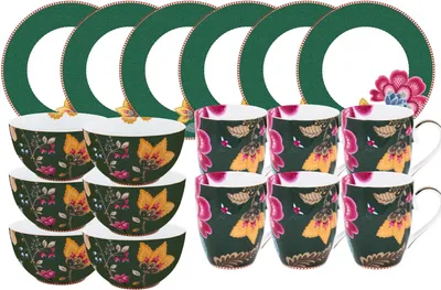 Produktbild von PIP STUDIO Fantasy Green Frühstücks Set Henkelbecher 18tlg