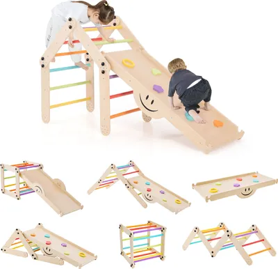 A collage of images showing a wooden climbing triangle set for children, with different configurations and children playing on it.