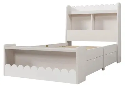 Obrázok produktu pre Detská postel – jednolôžková posteľ s úložným priestorom – 90 x 200 cm – zásuvky na odkladanie vecí – polička – drevo – biela – bez matraca