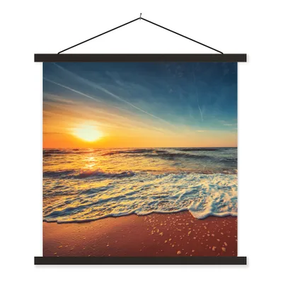 Produktbild von MuchoWow® Textilposter Strand - Meer - Sonnenuntergang - Gold 120x120 cm mit schwarzem Rahmen - Aufhängungsset