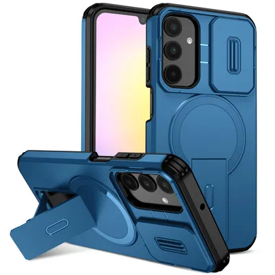 Image de Étui magnétique pour Samsung Galaxy A25, étui durable à deux couches avec protection coulissante de l'appareil photo et support réglable Bleu