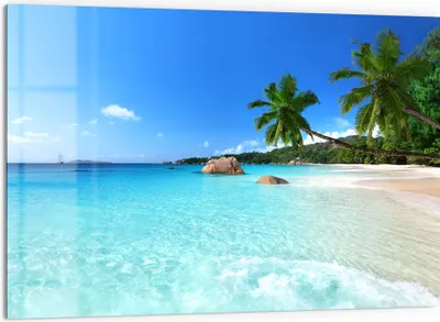 Produktbild von DEQORI Küchenrückwand Glas 60x40 cm 'Bilderbuchstrand' Spritzschutz Bad Rückwand