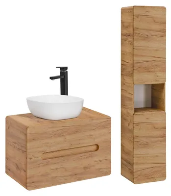 Produktbild von Waschtisch und Hängesäule 80cm Arun mit 2 Schubladen, Holzoptik