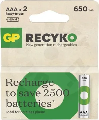 Produktbild von GP Recyko 650. 2 Stck wiederaufladbare AAA-Batterien