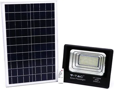 Immagine prodotto di V-TAC VT-100W Faro led 100W autoalimentato nero con pannello solare e telecomando 4000K IP65 – sku 8576