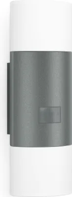 A modern, cylindrical outdoor wall light with a gray band in the middle and white top and bottom sections.