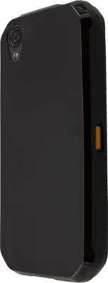 A black smartphone case is shown from a diagonal angle.