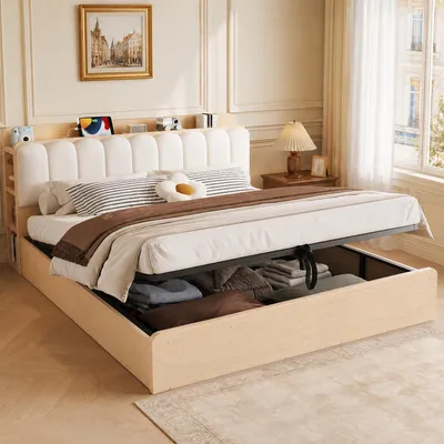 Obrázok produktu pre Postel pre mládež Flieks, 180x200 cm, s odkladacími plochami, drevená dvojlôžková posteľ s nočným svetlom a USB portom, hydraulická posteľ s úložným priestorom a čalúnenou opierkou, materiál: zamat, prírodná farba