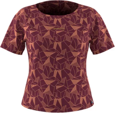 "Dimension T-Shirt" von La Sportiva in rot-violettem geometrischem Muster; kurzärmlig; für Damen.
