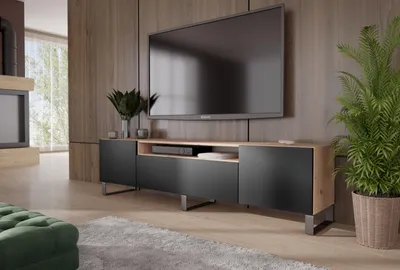 Produktbild von TV-Schrank Leo III Fernsehschrank TV-Lowboard 200 cm modernes Design dreitürig Wohnzimmer (Farbe: schwarz und eiche)