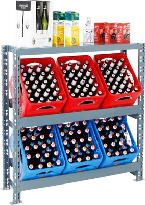 A metal shelving unit filled with crates of bottled beverages.