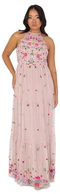 Produktbild von Maya Deluxe Damen Maxikleid, ärmellos, mit Halstiefe, mehrstufig, mit Blumenmuster und Stickereien