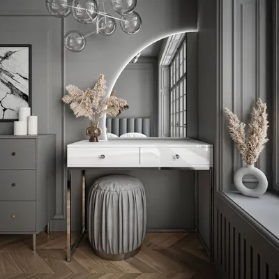 Produktbild von QUINNIE GLAMOUR Schminktisch mit LED Spiegel Chrom / Weiß hochglanz Griff- weißes Kristall